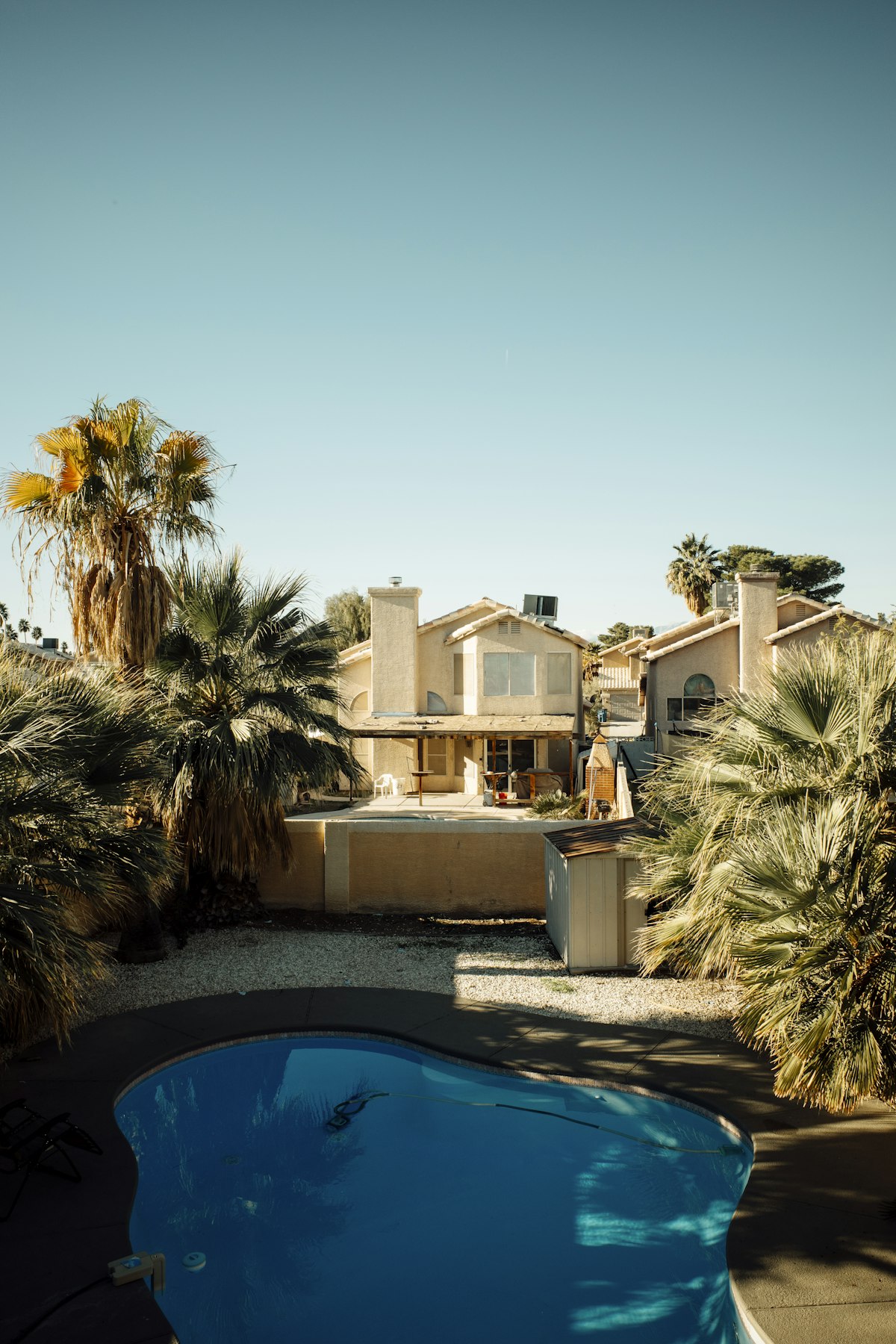 Arizona neighborhood homes with palm trees and pool on a sunny day